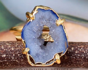 Gold Druzy Lace Agate Ring - Raw Stone Statement Ring - Handcrafted Geode Druzy Jewelry