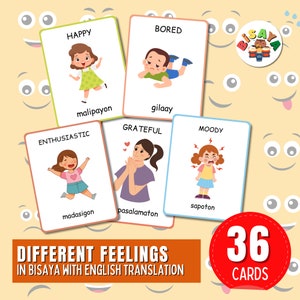 Op de afbeelding: 36 kleurrijke flitskaarten met illustraties van kinderen die verschillende emoties uitdrukken. Elke kaart heeft een Engels woord en de bijbehorende Bisaya-vertaling. De kaarten zijn ontworpen om kinderen te helpen leren over gevoelens en emoties.