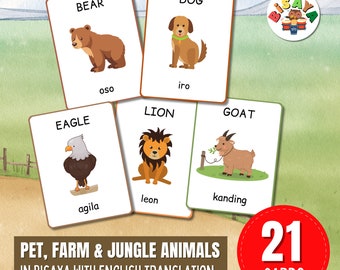 Tarjetas didácticas de animales en bisaya para niños / Animales domésticos, de granja y de la selva en cebuano / Tarjetas imprimibles para aprender idiomas en PDF