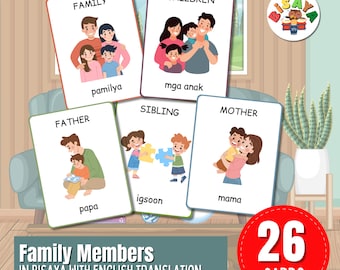 Tarjetas de vocabulario de miembros de la familia en bisaya / Tarjetas de vocabulario imprimibles en cebuano para niños / PDF de aprendizaje de idiomas