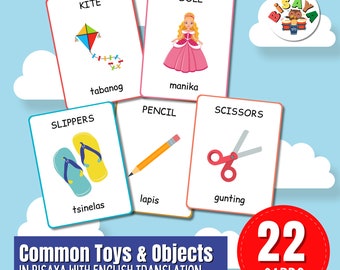 Tarjetas de vocabulario imprimibles de juguetes y objetos comunes en bisaya / Tarjetas de vocabulario imprimibles de cebuano para niños / PDF para aprender el idioma