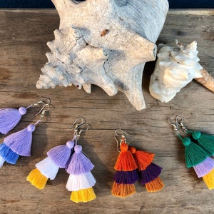 Tassel Earrings, Handmade Mexican earrings, Cotton Thread Tassels earrings, Colorful earrings, boho, Aretes Mexicanos, Hecho a Mano, pompoms