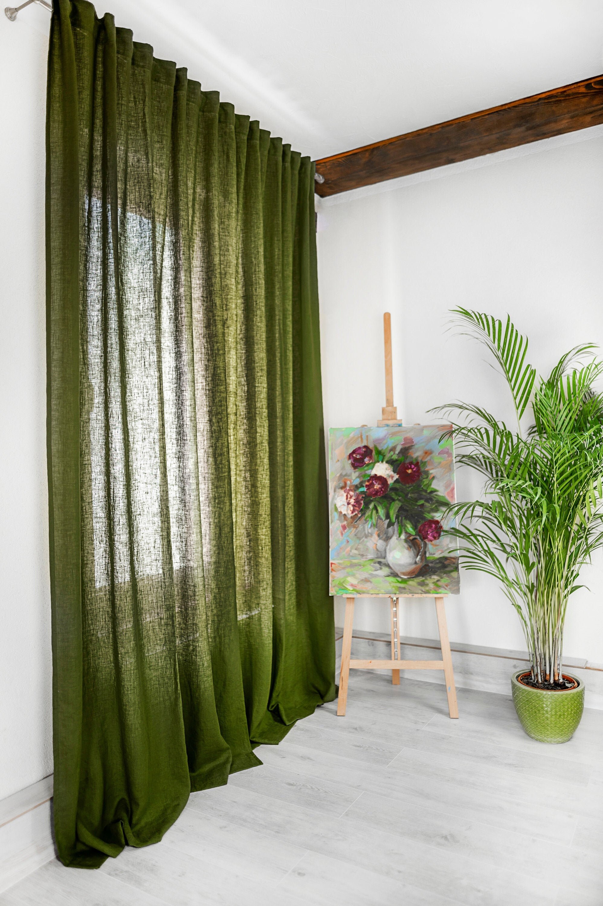 Grüne Leinenvorhänge. Breite Vorhänge. Individuelle Größe | Etsy