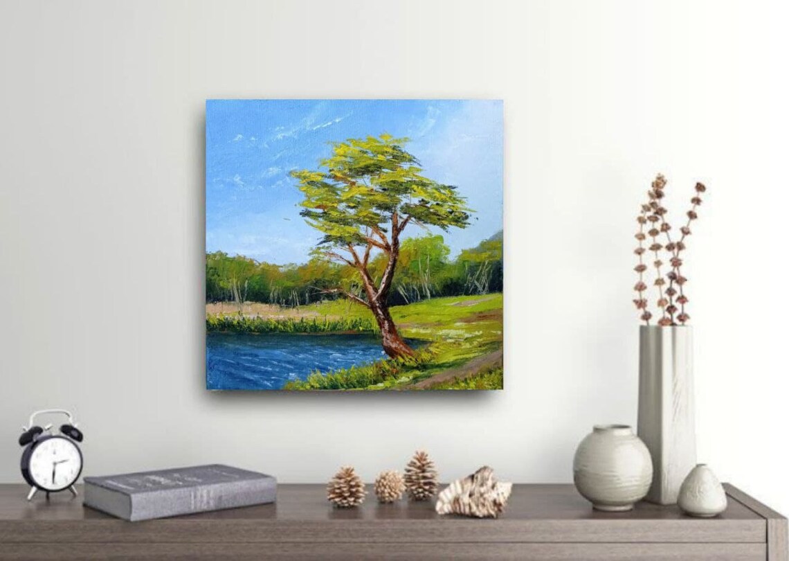 Tree by the Lake Landscape Oil painting Original art Etsy