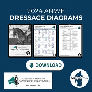 May include: 2024 ANWE Dressage Test Diagrams for Australian National Working Equitation. The image shows a black and white diagram of a horse and rider in a dressage arena. The diagram is labelled with numbers and arrows to indicate the movements of the horse and rider. The image also includes a download button.