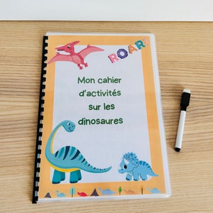 Folleto educativo de actividades para niños de 2 a 6 años en francés sobre los dinosaurios, aprender a contar, escribir, regalo infantil, juego de viaje.