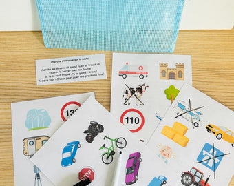 Occuper les enfants en voiture avec cette pochette d'activité :  jeu du cherche et trouve sur la route, le bingo de la route, jeu de voyage