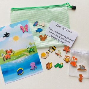 jeu d'apprentissage qui vit où  Pochette activité pré scolaire pour enfant 2 à 6 ans jeu inspiration Montessori cadeau enfant jeu de voyage