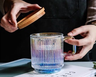 Rainbow Water Glasses with Bamboo Lid | Iridescent Old Fashioned Water Glasses with Handle | Colorful Style Cocktail Glasses