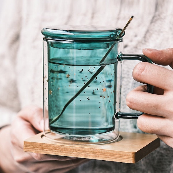 Handmade Star Print Glass with Handle | Star Print Glass Mug with Lid | Coffee Glass | Heat Resistant Star Print Water Glass (set available)