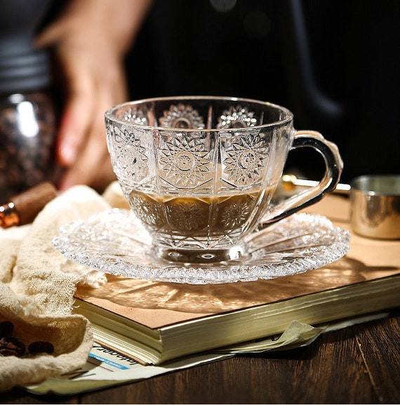 Vintage Style Glass Cappuccino Cup With Saucer Set Elegant Glass