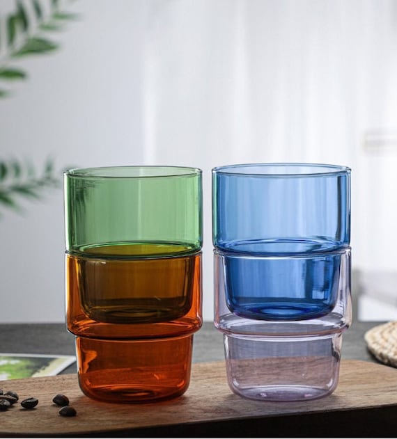 Set of 4 Handmade Colorful Coffee Glasses Set Modern Colorful Water Glass  Stackable Coffee Glasses Minimal Water Glass Set 