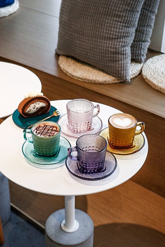 Retro Style Textured Colored Glass Coffee Cup With Matching Saucer