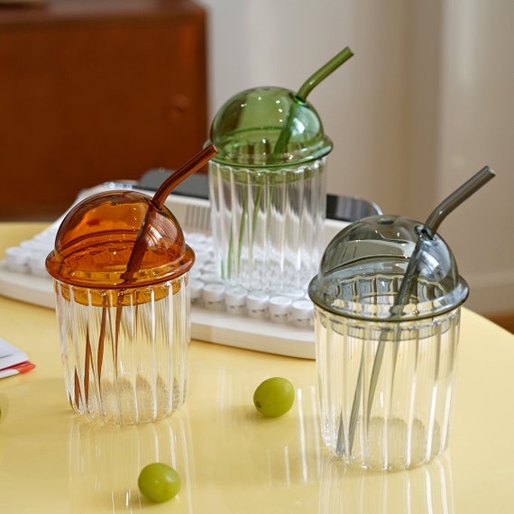  450mL Drinking Glasses with Glass Dome Lid and Straw