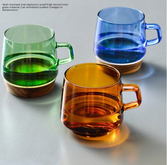 Set of 4 Modern Colored Heat-resistant Glass Stackable Coffee Mug With Wood  Bottom Colored Glass Tea Cup Contemporary Glass Tea Mug 