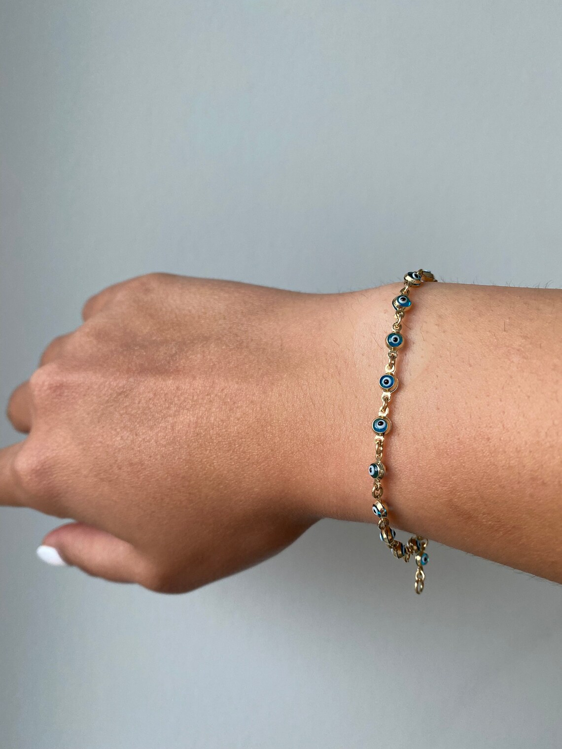 10K Solid Gold Evil Eye Charm Bracelet Real Gold Evil Eye Etsy