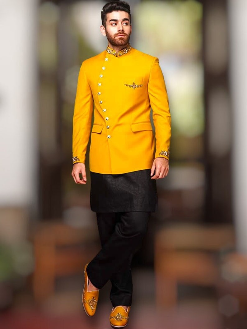 Haldi Outfit Hombres Chaqueta amarilla Amarillo Jodhpuri - Etsy España