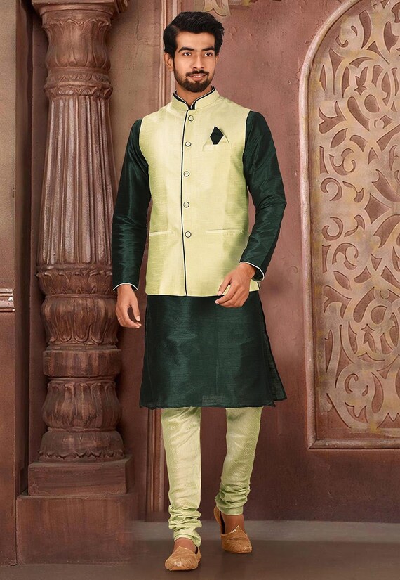 ShadiShopIndia Green Kurta Waistcoat Kurta Vest Nehru Jacket Groomsmen Kurta Pajama Jacket Kurta Pajama Vest Coat Wedding Kurta Men Kurta Set Wedding Kurta