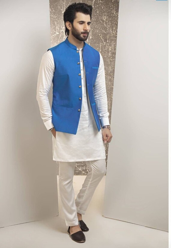 ShadiShopIndia Kurta Jacket Set Kurta Pajama Vest Kurta Vest Blue Vest Coat Blue Vest Men White Kurta Men Pakistani Kurta Men Blue Waistcoat Mehendi Vest