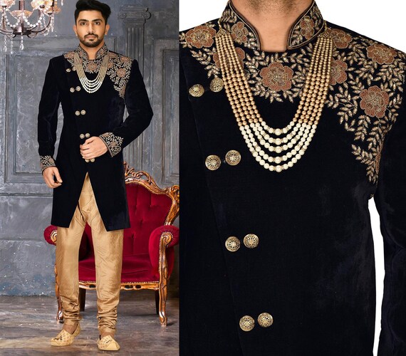 Navy Blue Indo Western Sherwani Groom 