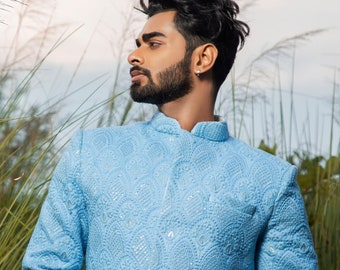 Sky Blue Bandhgala Suit Jodhpuri Chikankari Suit Wedding - Etsy Israel Sky Blue Bandhgala Suit Jodhpuri Chikankari Suit Wedding - Etsy Israel