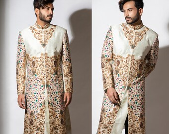 White Sherwani Designer Sherwani Groom Floral Sherwani Men Groom Suit Cream Sherwani For Men Wedding Suit Groom Sherwani Embroidered Sherwan