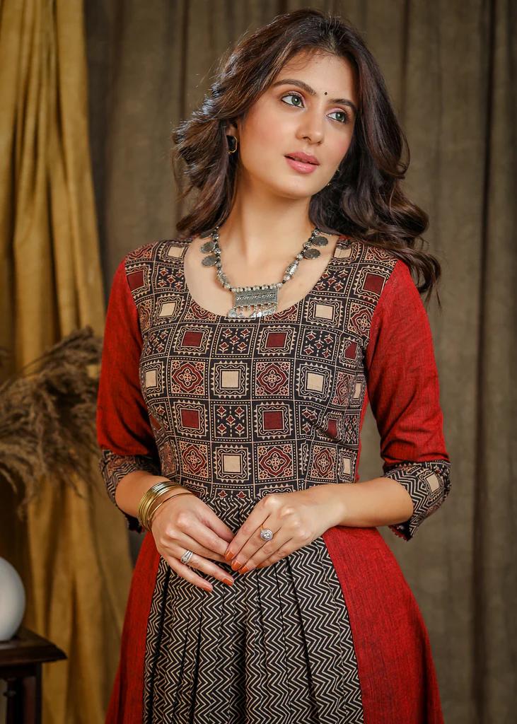 Blue - Block Print Natural Dyed Cotton A-Line Ajrakh Kurta 07
