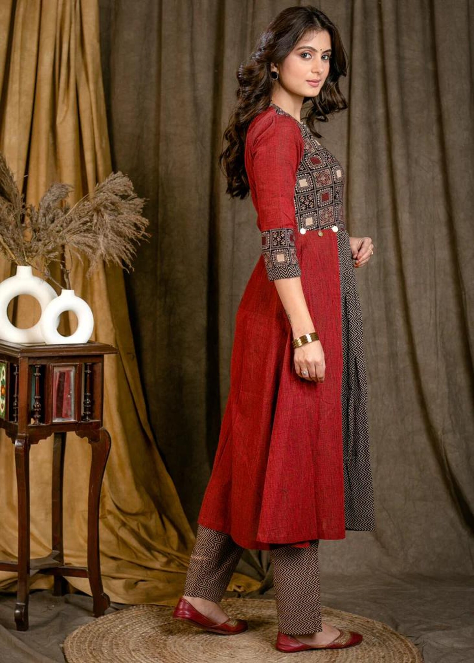 Multicolor - Block Print Natural Dyed Cotton A-Line Ajrakh Kurta 10