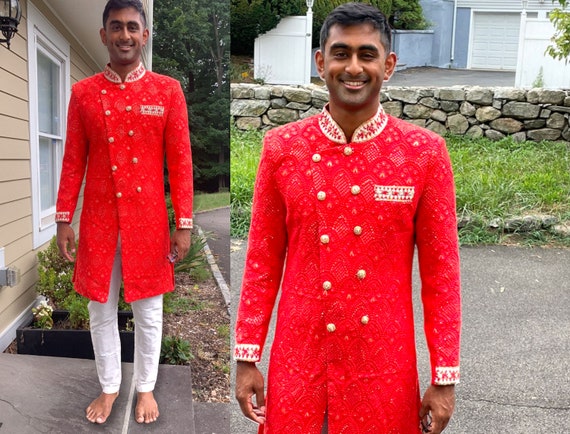 Red Chikankari Sherwani Wedding Suit Men Red Sherwani Chikankari Suit Men Groom Sherwani Pakistani Sherwani Red Suit Men Designer Sherwani Etsy Israel