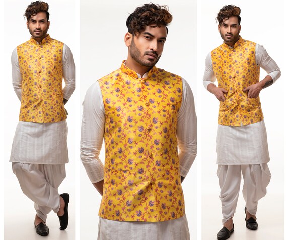 Yellow Vest for Men Nehru Jacket Yellow Waistcoat Mehendi Waistcoat Groomsmen Kurta Jacket for Man Kurta Pajama Groomsmen Vest Kurta Pajama