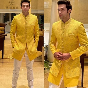 Yellow IndoWestern Men Haldi Ceremony Men Haldi Outfit Men Yellow Jacket Yellow Kurta Pajama Dress Lucknow Chikankari Groomsmen Kurta Pajama