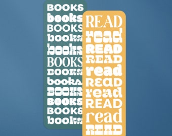 May include: Two bookmarks with the words "BOOKS" and "READ" repeated in different font sizes and styles. The bookmark on the left is green and the bookmark on the right is yellow.