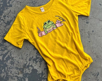 70’s vintage yellow bodysuit with frog appliqué