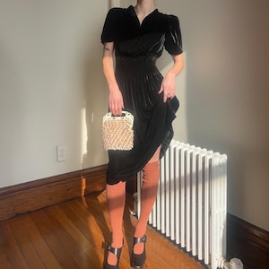 Late 1930’s/early 40’s vintage black velvet silk ruched dress