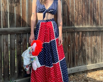 60’s vintage red white and blue 2 piece tie top and skirt set with polka dots and rick rack