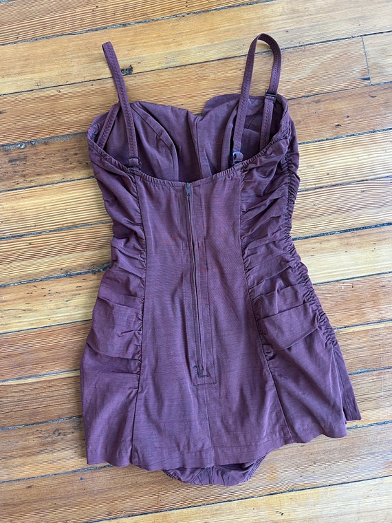 1950’s vintage Jantzen chocolate maroon ruched sw… - image 4