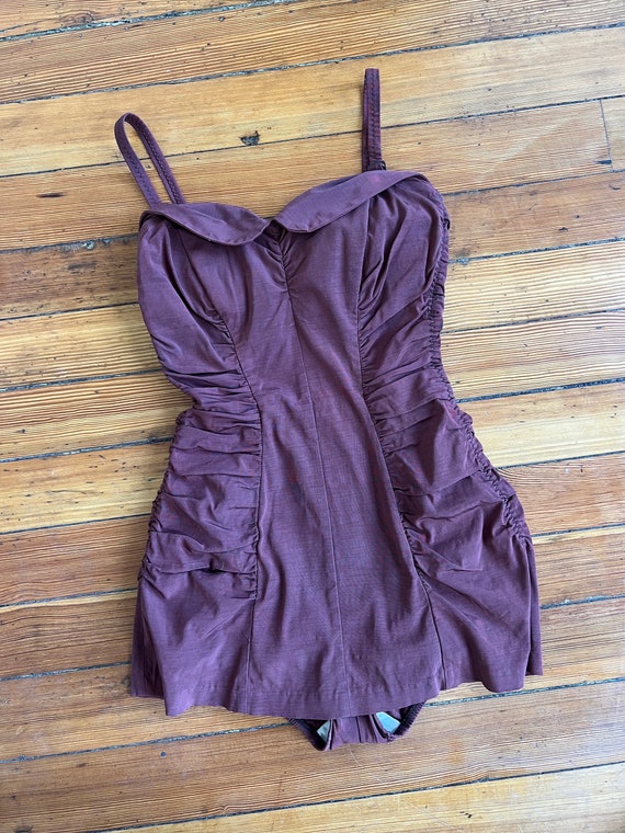 1950’s vintage Jantzen chocolate maroon ruched sw… - image 3