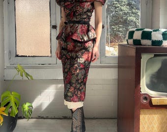80’s vintage floral lurex bustier blouse and skirt set