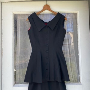 Early 50’s vintage black wiggle dress set with bright red interior peplum overcoat