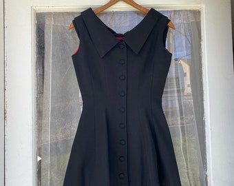 Early 50’s vintage black wiggle dress set with bright red interior peplum overcoat