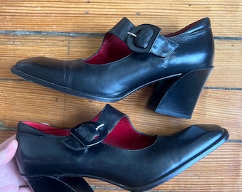 Vintage Y2K Donald J Pliner Black Leather Mary Janes, Chunky Heel (Size 7.5)