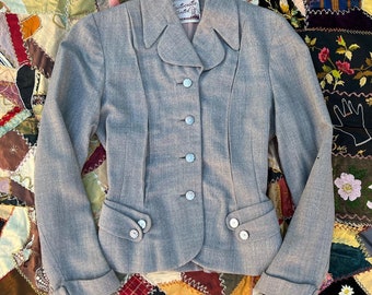 40’s vintage grey wool lined blazer with iridescent decorative buttons