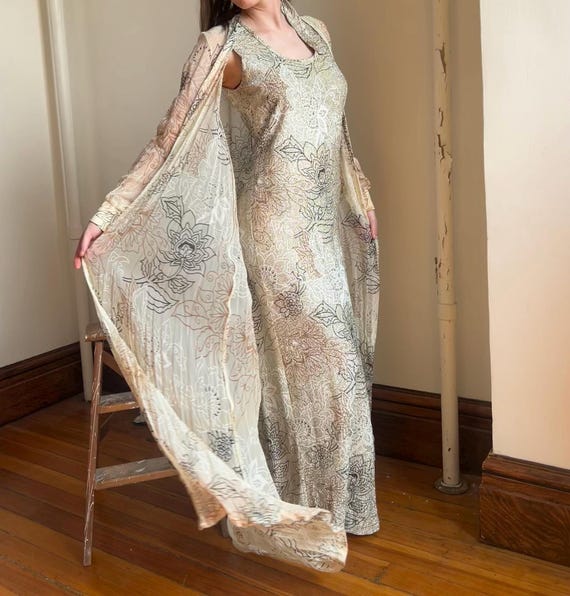 sheer duster dress 60s Vintage Lurex Floral Dress With Sheer Duster