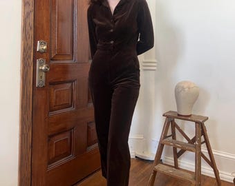 70’s vintage chocolate brown velvet coveralls jumpsuit