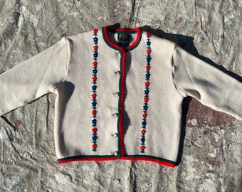 80’s vintage beige Austrian wool cardigan with floral embroidery