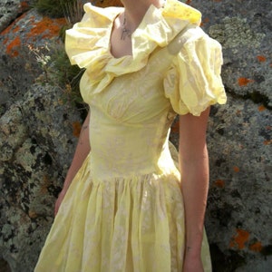 May include: A yellow vintage dress with a large ruffled collar and short puffed sleeves. The dress has a floral pattern and a full skirt.