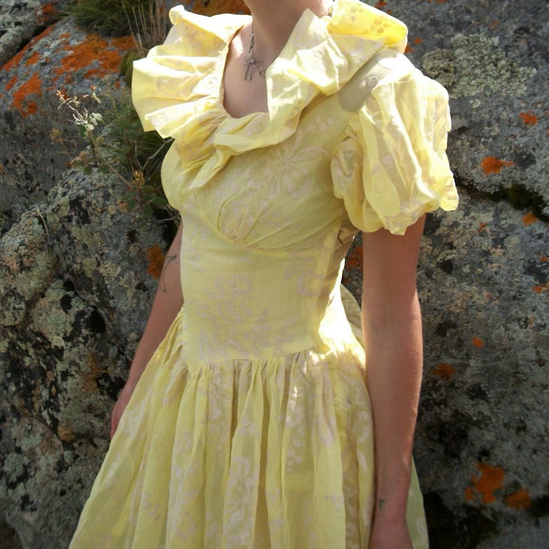 May include: A yellow vintage dress with a large ruffled collar and short puffed sleeves. The dress has a floral pattern and a full skirt.