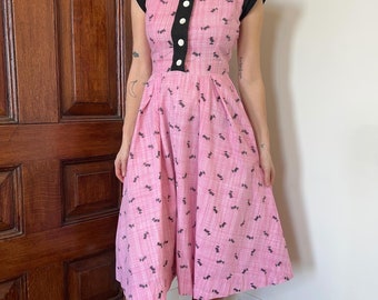 1940’s vintage pink and white micro plaid with Scottie dog print cotton collared dress with cap sleeves