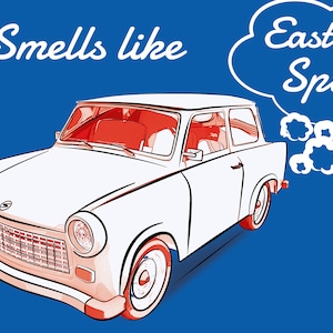 Puede incluir: Ilustración de un coche vintage blanco con detalles rojos sobre un fondo azul. El texto "Smells like" está encima del coche, y una burbuja de diálogo dice "East Spirit". El coche tiene una sombra.