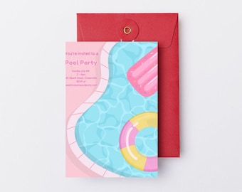 Puede incluir: Invitación a una fiesta en la piscina en rosa y azul con una ilustración de dibujos animados de una piscina, una paleta de hielo inflable rosa y blanca y un flotador inflable amarillo y rosa. El texto de la invitación dice "You're invited to a Pool Party" e incluye la fecha, la hora y la ubicación de la fiesta.